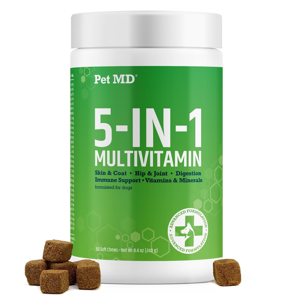 Pet MD 5in1 pes Multivitamín - 30 esenciálne vitamíny, minerály a živiny pre kožu a kožu, Hip & Joint, Trvanlivosť, starší pes a šteňa Vitamíny - glukozamín, Omega 3 6 9, & Probiotiká - 60ct