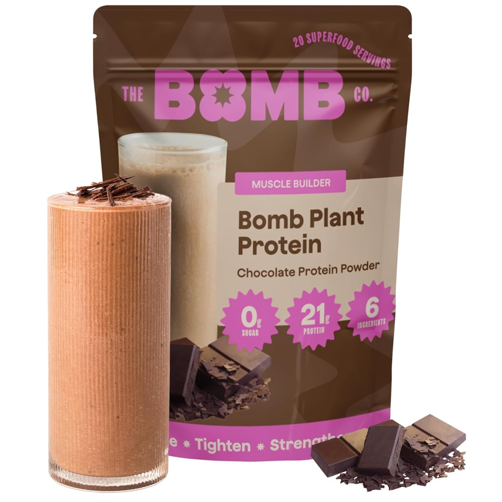 Bomb Co. Bomb Plant Protein, Protein Powder with 21g Protein, Amino Acides, Zero Sugar, Pea Protein, Cocoa, Chia Seeds, Pumpkin Seeds, Vanilla & Monk Fruit, Gluten Free, Chocolate Flavor, 20 Srvgs