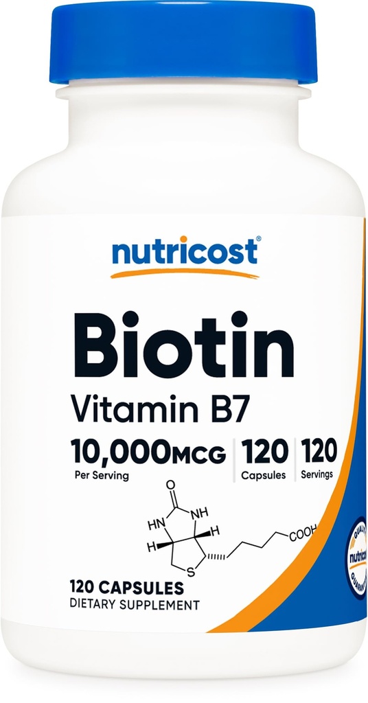 Nutricost Biotin (vitamín B7) 10 000 mcg (10 mg), 120 kapsúl - Vegan, bez lepidla, non- GMO
