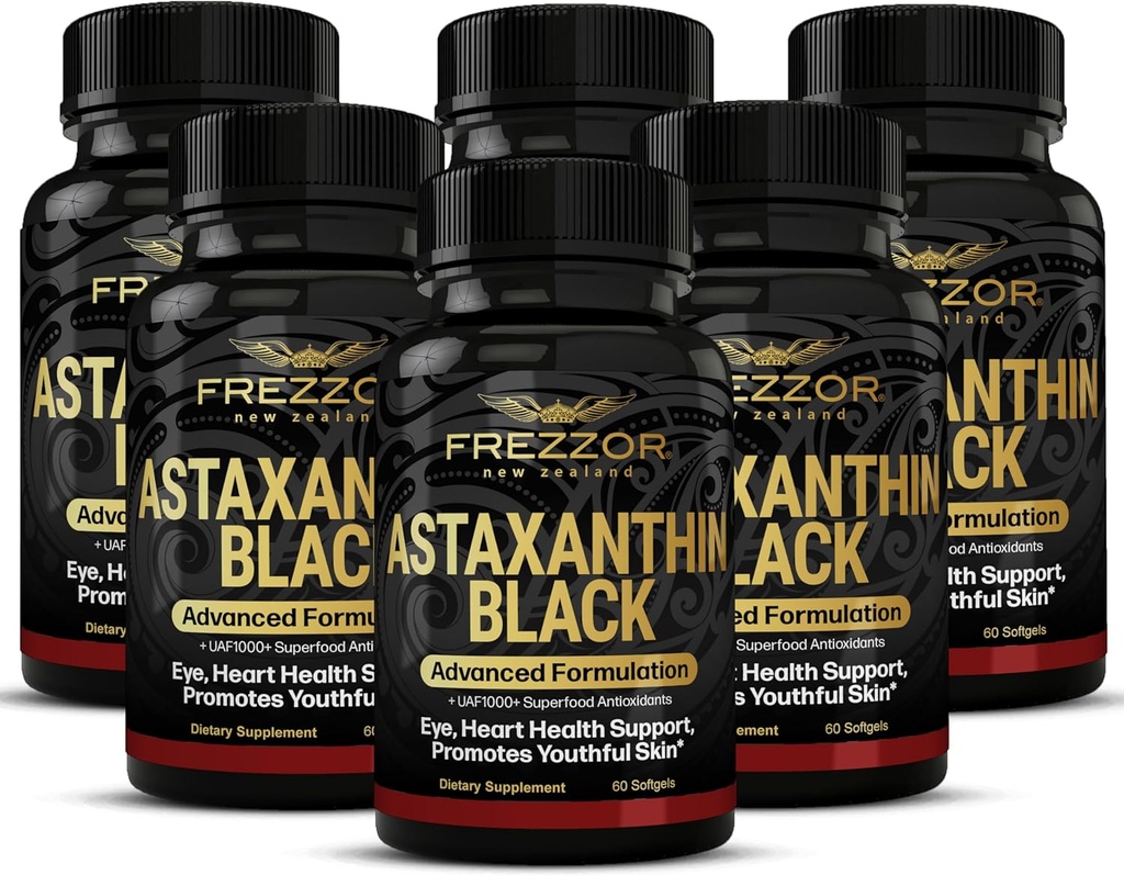 FREZZOR Astaxantin Black s UAF1000+ Super Antioxidant, Podporuje srdce, zdravie očí a mozgu, Anti-Aging Skincare & Cellular Protection, 12mg Astaxantin per Serve, 360 Softgels, 6 Mesiac dodávky