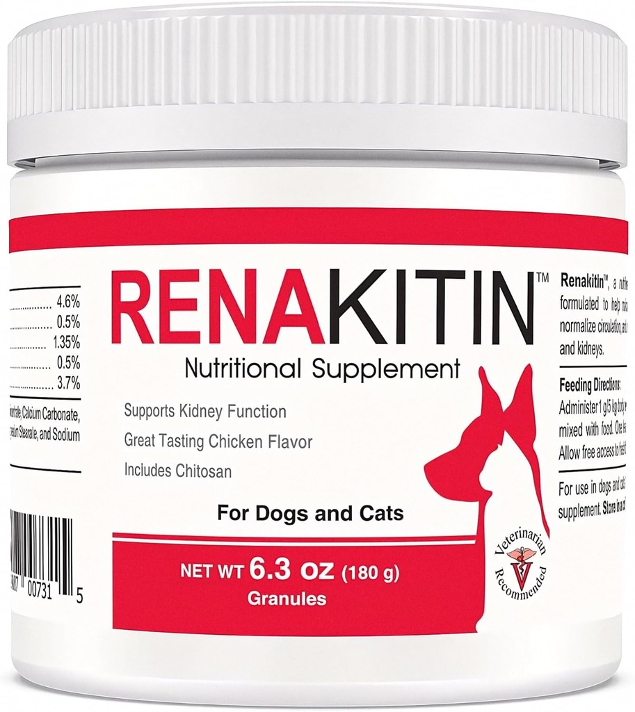 Renakitín Obličky Doplnky pre psy Mačky - Obsahuje Chitosan a uhličitan vápenatý, Podpora Optimálna funkcia obličiek, Veľká ochutnávka kuracie príchuť, 6.3 oz