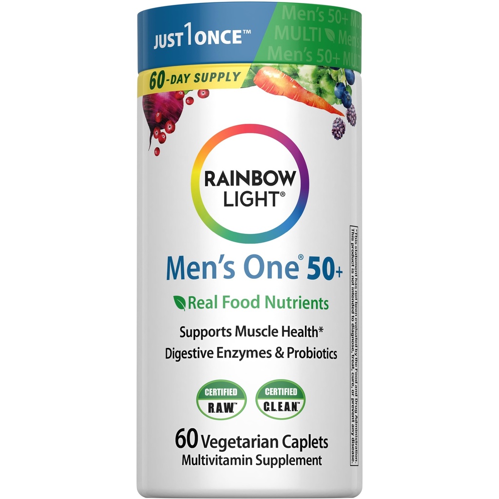Rainbow Light Multivitamín pre mužov 50+, Vitamín C, D & Zinok, Probiotiká, Mužská jedna 50+ Multivitamín poskytuje vysokú potenciu imunitnú podporu, non-GMO, Vegetarián, 60 tabliet