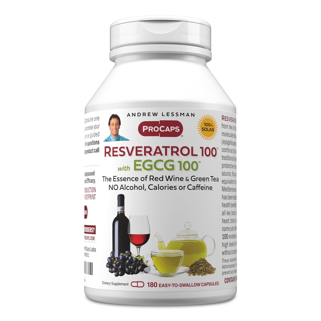 ANDREW LESSMAN Resveratrol-100 EGCG 100mg - 180 Kapsule - Dve prirodzene sa vyskytujúce antioxidanty, bez alkoholu alebo kofeínu.