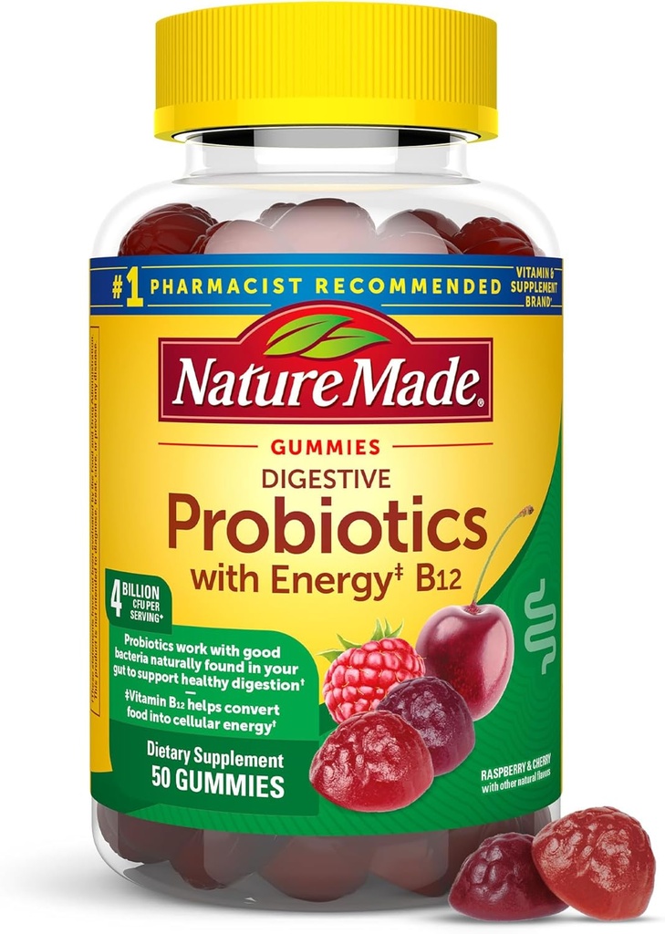 Nature Made Digestive Probiotics and Energy B12 Gummies, Probiotiká pre ženy a mužov, 50 Probiotické Gummies, 25 Day Supply