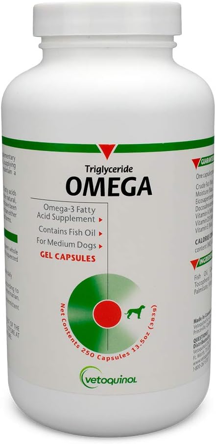 Vetochinol Triglycerid Omega Dog Supplement Kapsule, stredné- Plemeno: 30-60 lbs, 250ct