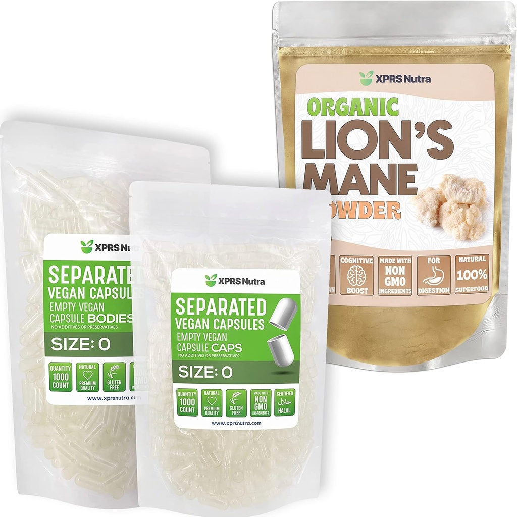 XPRS Nutra Oddelená veľkosť 0 Kapsule (1000 Počet) s Lion Mane prášok (8 Ounce) Bundle