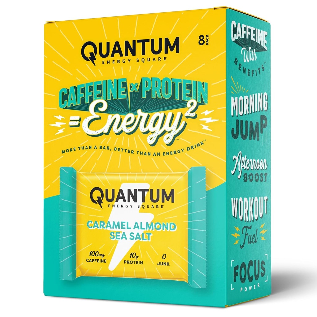 Quantum Energy Square: Energy Bar s kofeínom & 10g Protein. Delicious Healthy Snack On The Go. (Vegan, Gluten-free, Soy-free, Dairy-free) (Caramel Almond Sea Salt)