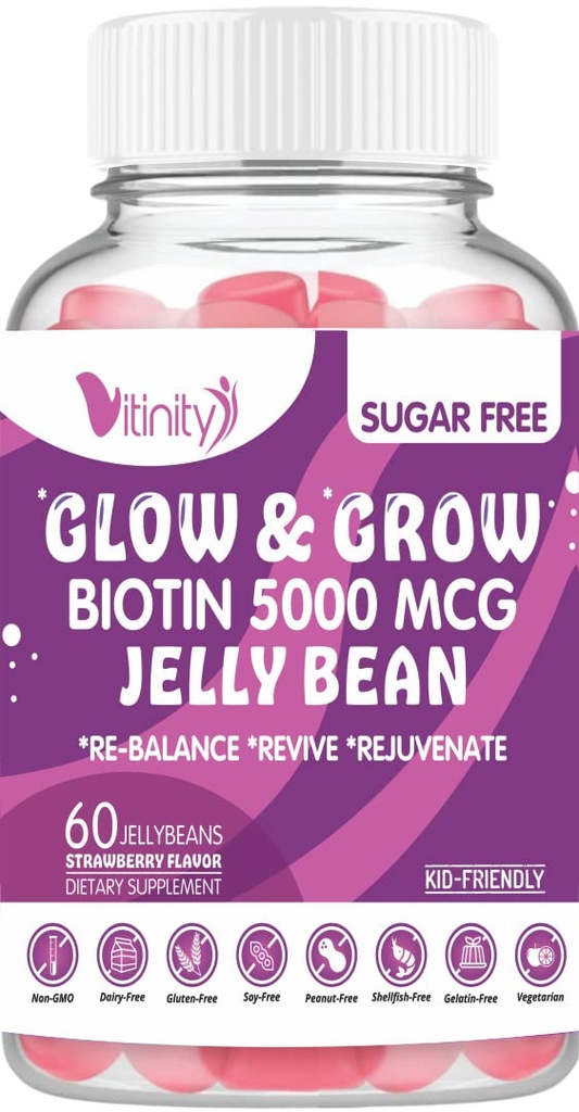 VITINITY Biotín 5000 Mcg Extra sila Vegetarián (vitamín B) Supplement-Podporuje zdravšie vlasy a pleť - Ženy a muži 60 Vegetarián bez cukru želé fazuľa (30 dní dodávky)