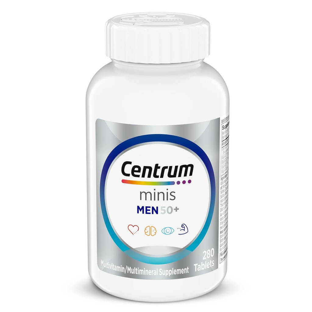 Centrum Minis Silver Multivitamín pre mužov 50 Plus, Multivitamín/Multimineral Supplement, Vitamín D3, B-vitamíny a zinok, non-GMO zložky, podporuje pamäť a kognitívne u starších dospelých - 280 Ct