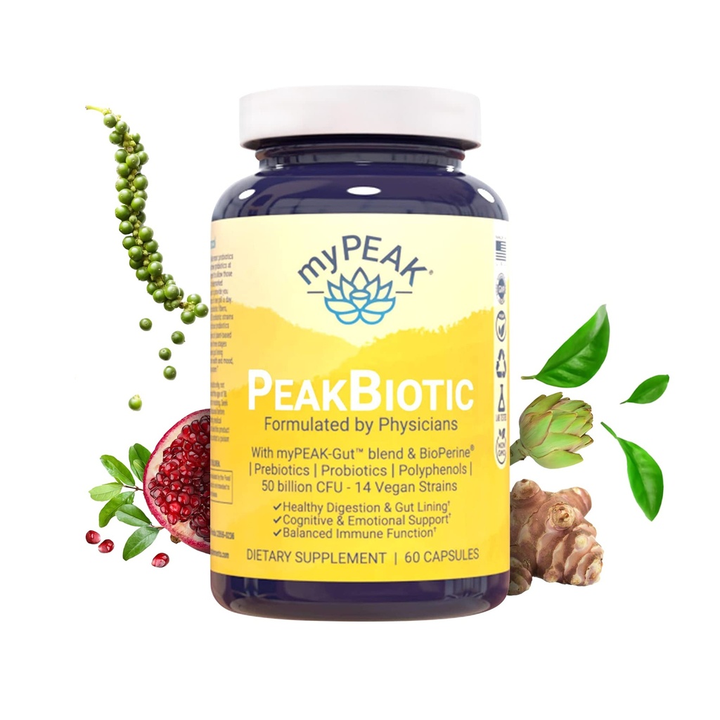 myPEAK PeakBiotic: Ultimate Vegan Synbiotic s 50 miliardou CFU probiotiká Prebiotiká Postbiotiká Modbiotiká a Gut Lining zvýšiť trávenie, koža, a nálada s 2-Mesiac dodávky, 60 Kapsule