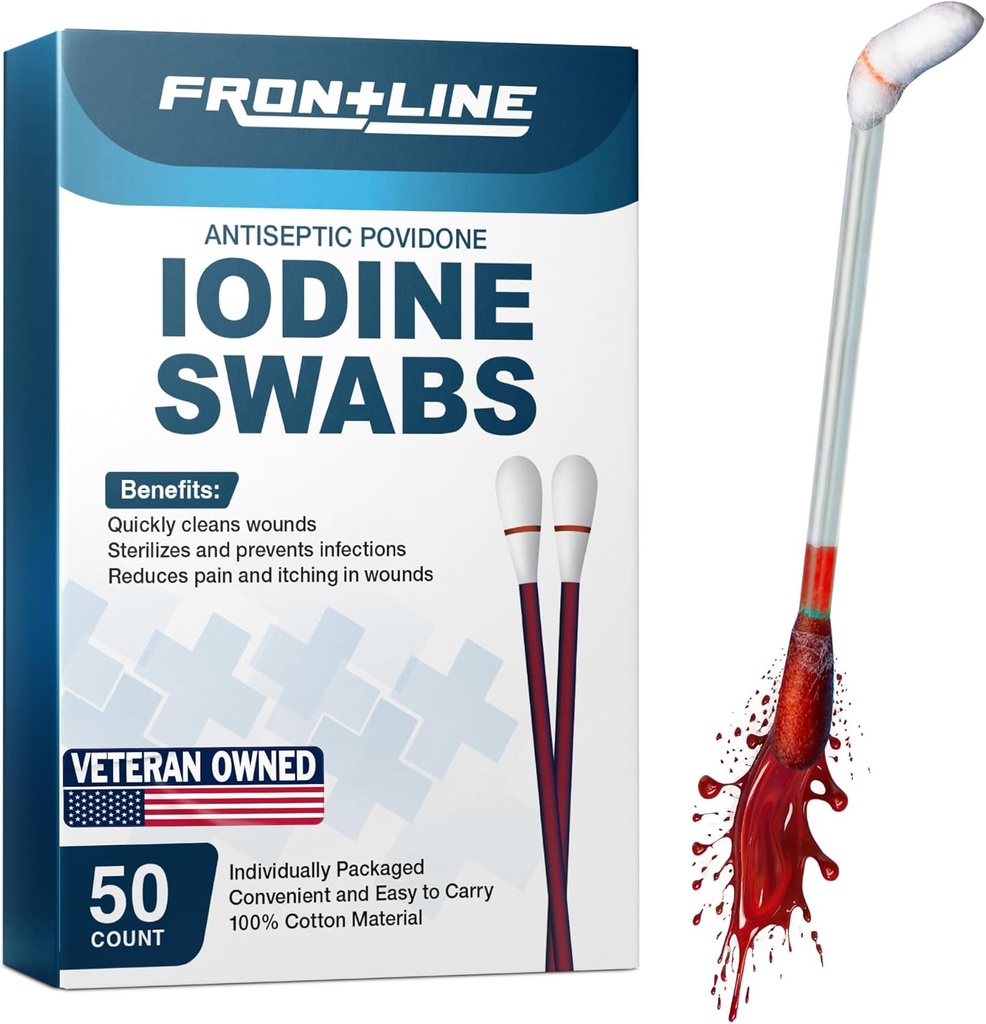 FrontLine Povidón Iodine Swabs, Antiseptické Swabsticks, Iodine Solution, Čistenie bavlna Swab, Individuálne zabalené lekárske potreby, Starostlivosť o rán, Prvá pomoc, Čistič rán, Box 50