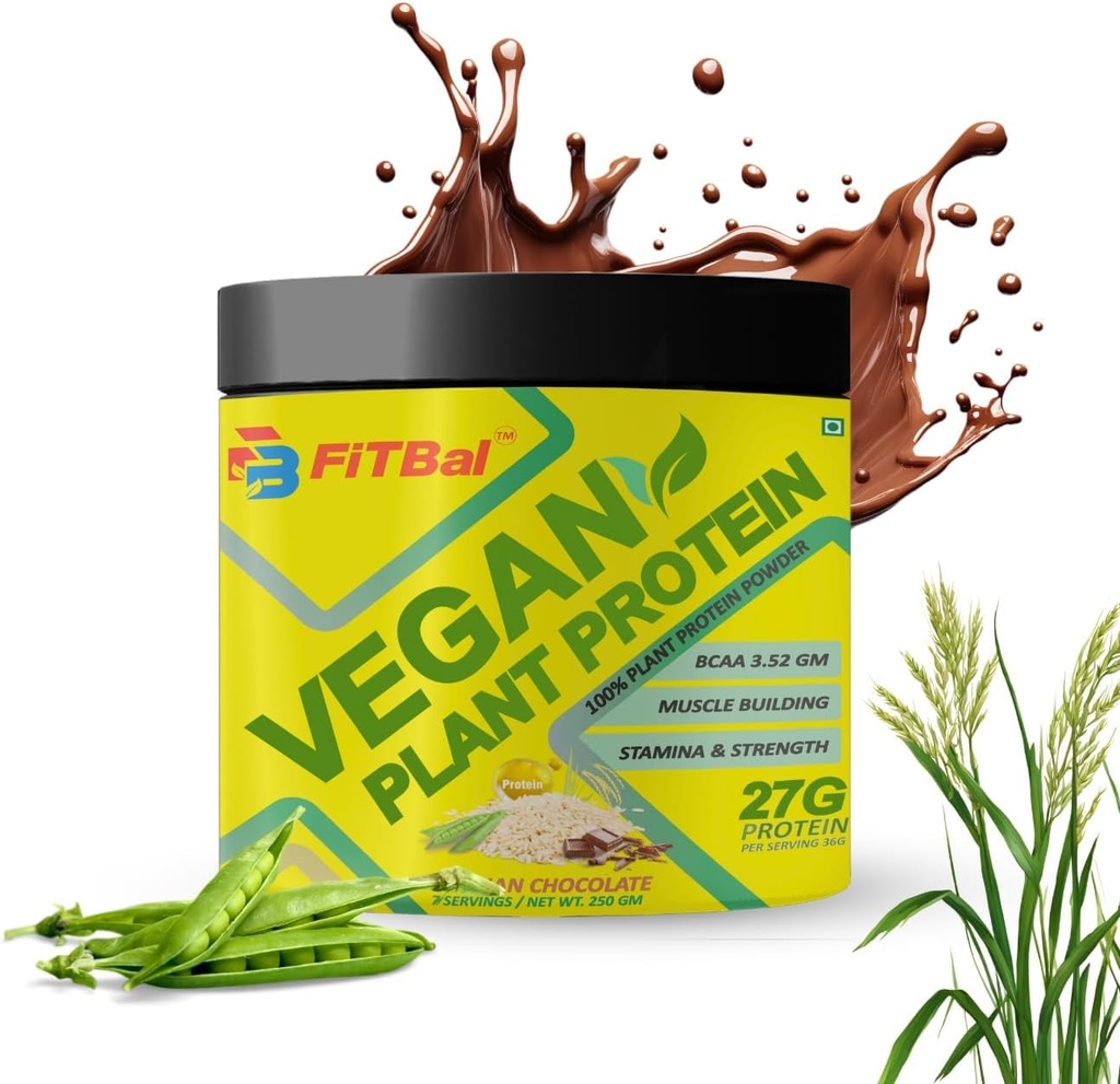Vegan Plant Protein Powder Pea, Brown Ryce Protein 250 gram (7 servings) Serving Quantity-36 G 27 G Protein Per Serving, Glutamín -4,35gm BCAA-3.53GM