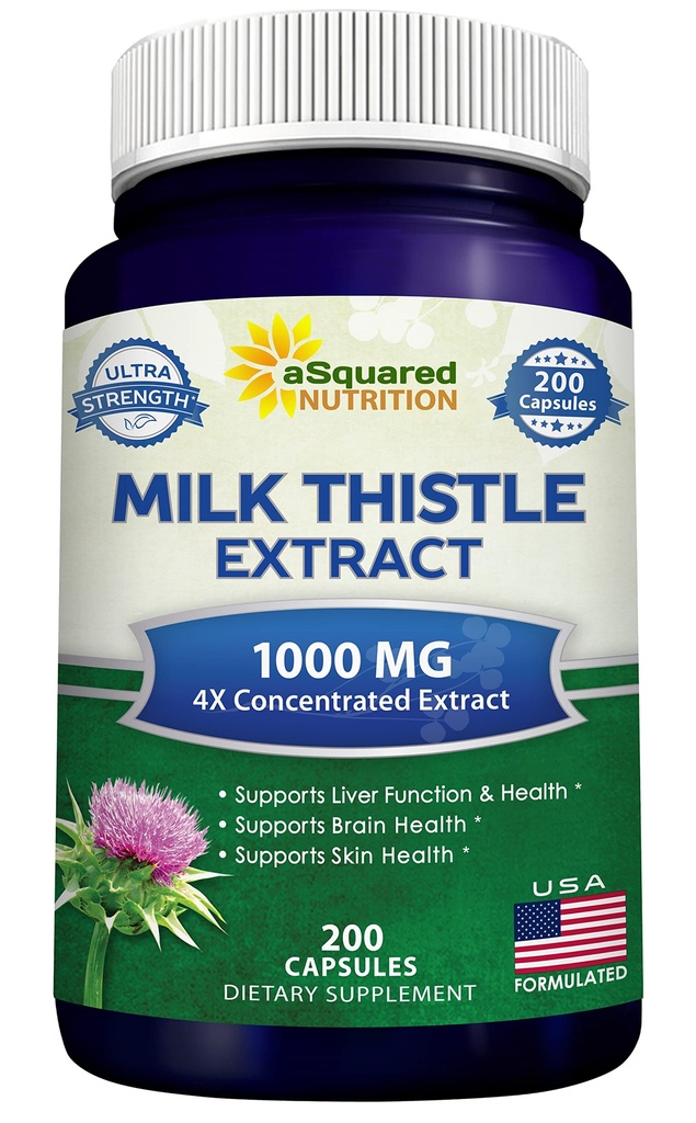 aSquared Nutrition Milk Thitle Supplement 1000mg-200 Kapsule,Max Strength 4X Concentrated Extract 4:1 Milk Thitle Seed Powder Herb Pills, 1000 mg Silymarin Extract for Liver Support, Cleans, Detox