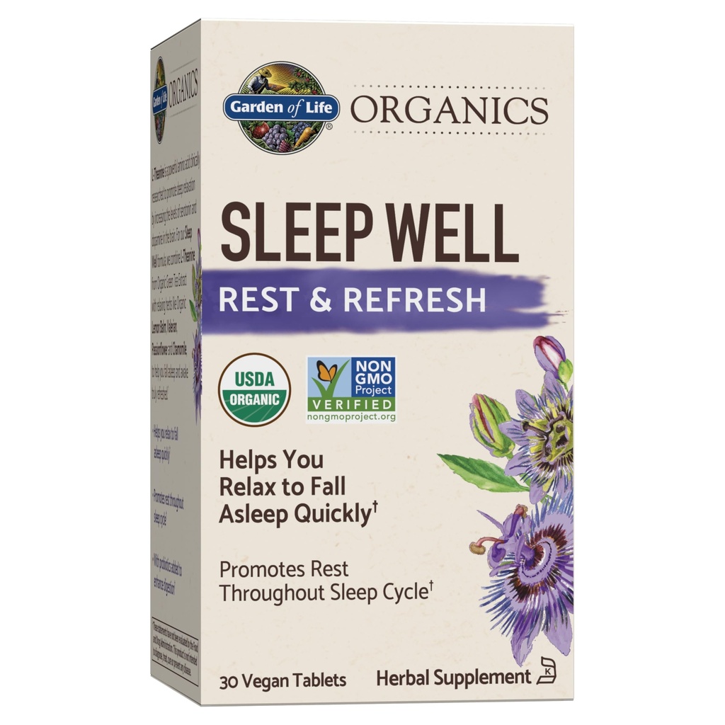Garden of Life Organics Sleep Well Rest & Refresh 30 tabliet, citrónový balzam, zelený čaj extrakt L-Theanine, Valeriánsky koreň, harmanček, probiotiká-Organic Non-GMO Vegan Gluten Free Herbal Supplement