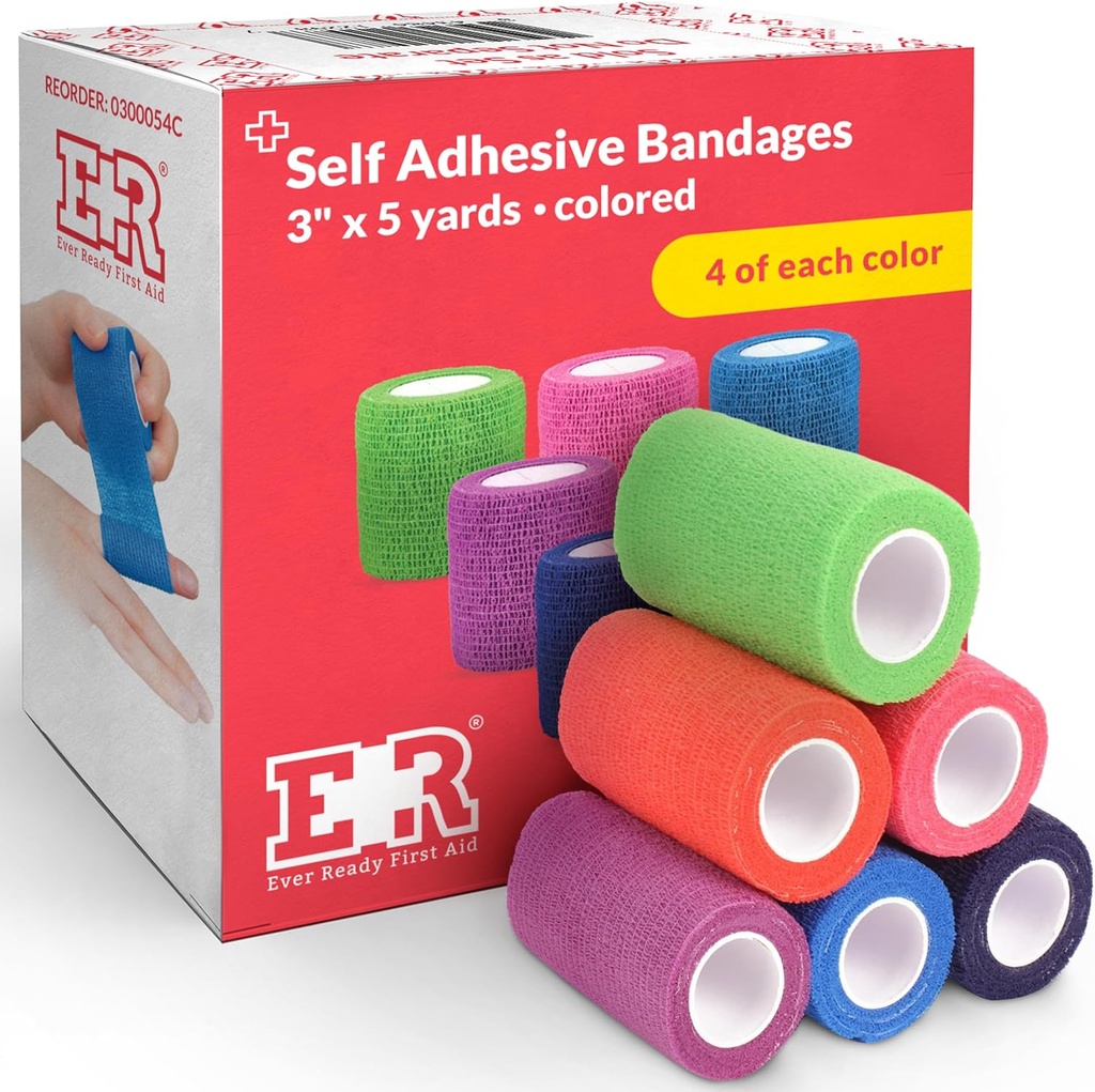 Ever Ready First Aid Self Adherent Cohesion Bandages 3" x 5 Yards - 24 Count, Rainbow Farby