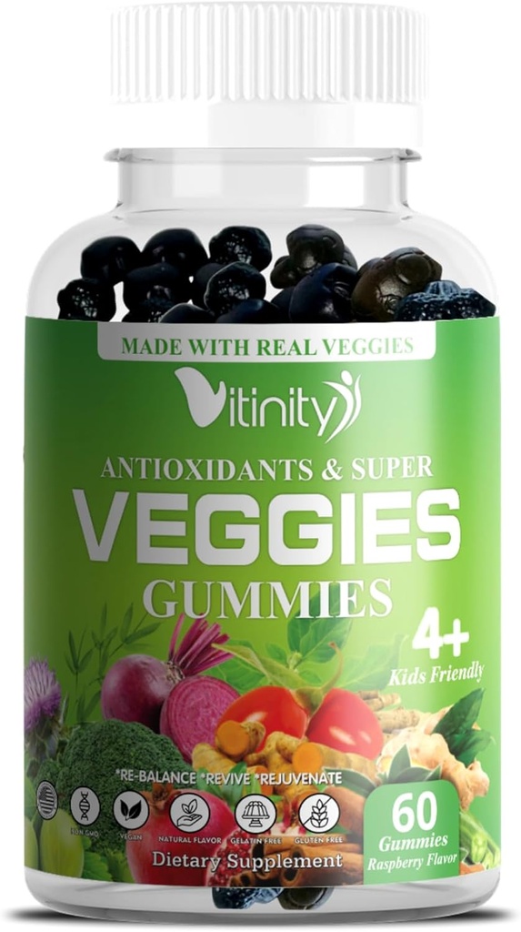 VITINITY Made with Real Super Veggies Delicious Gummy Supplement,Men,Women & Kids(60 Žuvačky),30 Veggies,Herbs,Ovocie a rastlinné vitamíny,Non-GMO,Pectin-Based,Gluten-Free,No more Pills (30 Day Supply)