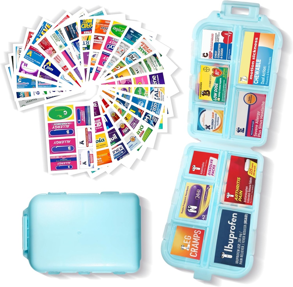 Organizátor tabletiek s lekárskymi značkami 161 Labels Travel Daily Pill Container Mini Mediciation Organizátor úložisko Pill Organizátor Cestovanie Essentials Pill prípad 7 deň (modrá, 1 balenie)