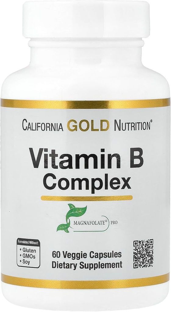 Kalifornia Gold Nutrition Vitamin B Complex, Thiamin B1, Riboflavin B2, Niacin B3, Pyridoxín B6, Biotín B7, kyselina pantoténová B5 a Pro Folate B9, bez lepidla, non GMO, 60 Veggie Capsules