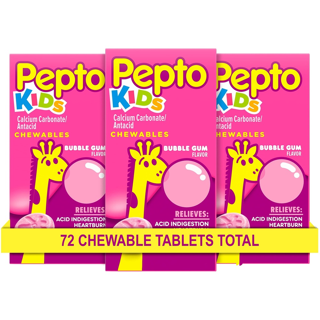 Pepto Detské žuvacie tablety na pálenie záhy, kyslé poruchy trávenia, kalivý žalúdok a žalúdočné ťažkosti, Bubblegum Flavor, 72 celkom (3 balenia po 24)