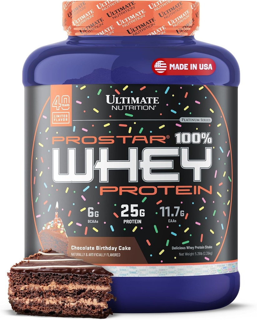 Ultimate Nutrition Prostar Whey Protein Powder Izolát, Čokoládový narodeninový koláč - Nízky obsah tuku, Powder s vysokým obsahom bielkovín Shake pre svalovú obnovu - Nízky obsah sodíka, nízky obsah tuku a Keto Friendly - 5.28 libier Tub