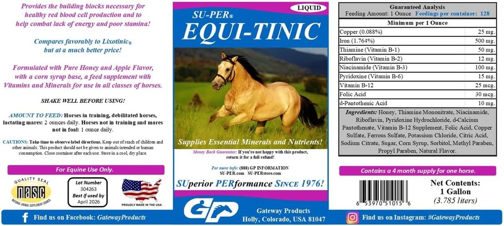 Su-PER Equi-Tinic Horse Minerály Supplement - Základné minerály a živiny pre zdravé krvinky a energiu - 1 Gallon