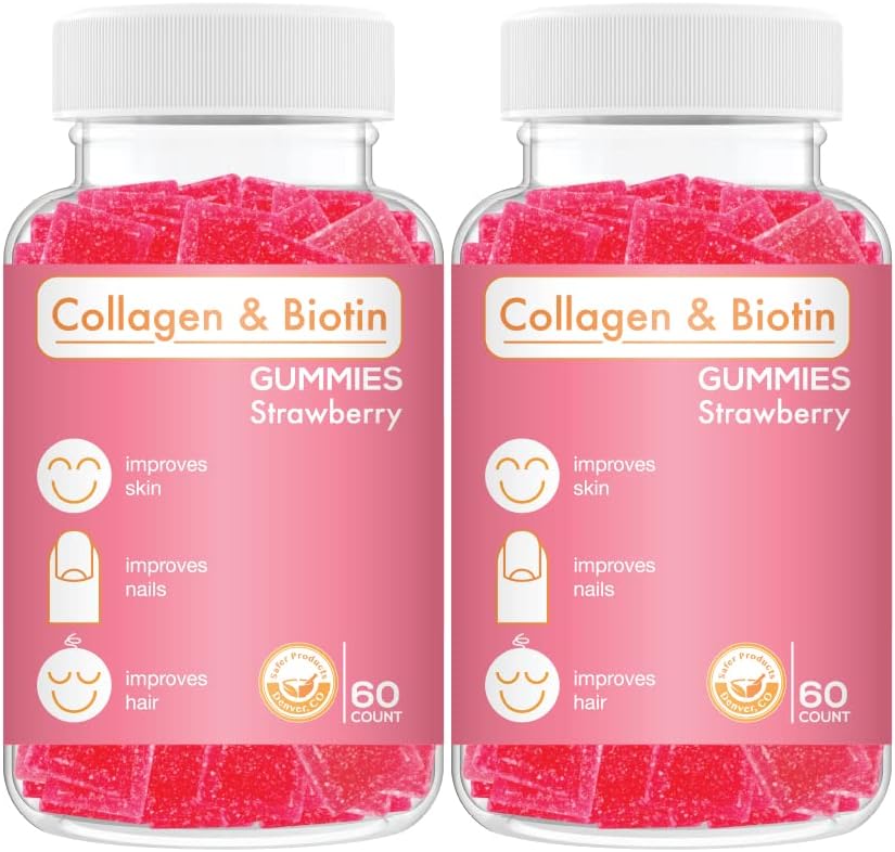 Collagen Biotin Gummies - podporuje vlasy, koža a nechty rast vlasov proti starnutiu starostlivosti Chewable Gummy Vitamíny, Vegan, Non-GMO, Gluten Free, Želatína Jahodová aróma 120 Počet, Ružová