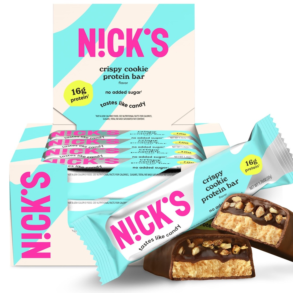 Nick's Protein Bars Crispy Cookie Čokoláda, High Protein, Nízke kalórií, Nízke Carb, Keto Friendly Snacks No Pridané cukor (Mbalenie 12 barov x 50g), Crispy Cookie chuť