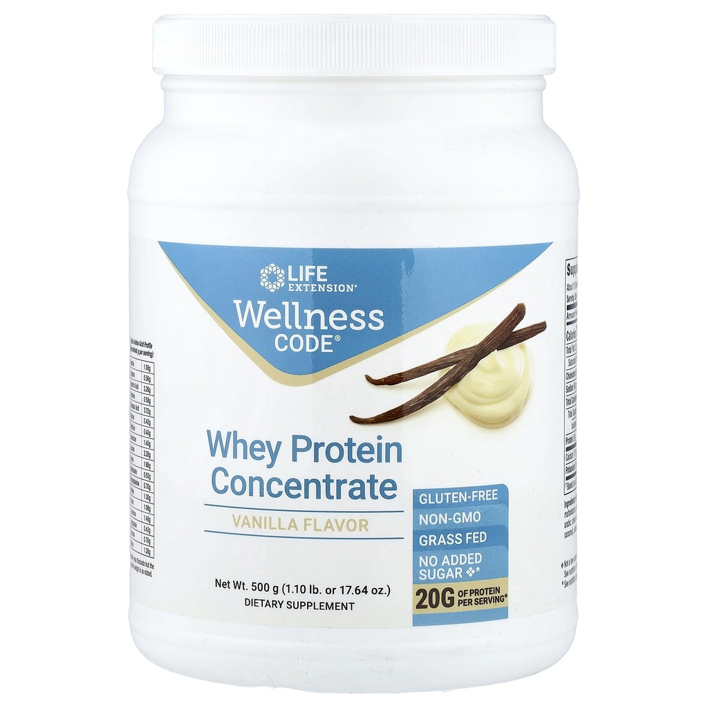 Life Extension Wellness kód Srvátkový proteínový koncentrát 20g svalového rastu a imunitného zdravia - Zdrojom z trávy-Fed, Free-Range, Hormone-free kravy, non-GMO, žiadny pridaný cukor, Vanilla- 500g