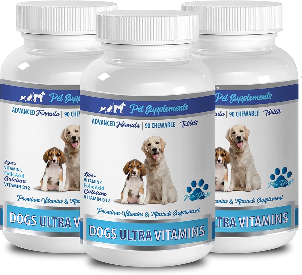 Psie minerály Vitamíny - Ultra Vitamíny pre psy - Žuvačky - Výkonná formula - Minerálny komplex - Pes Vápnik tablety - 270 Liečebné prípravky (3 fľaše)