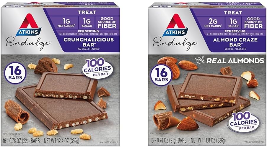 Atkins Endulge Treat Bars, Crunchalicious & Almond Craze Flavors, 1-2g Net Carbs, 1g Sugar, Good Fiber Source, Keto Friendly, 16 gróf