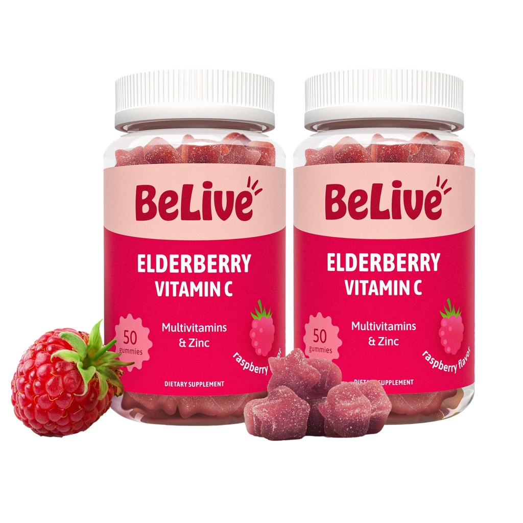 BeLive bazové Gumičky so zinkom a vitamínom C - Imunitná podpora doplnok s vitamínom D, A, E, B12 - Gumičky pre zdravé kosti a zuby, Vegan, Keto & Non-GMO - Malinová príchuť 2-Pack