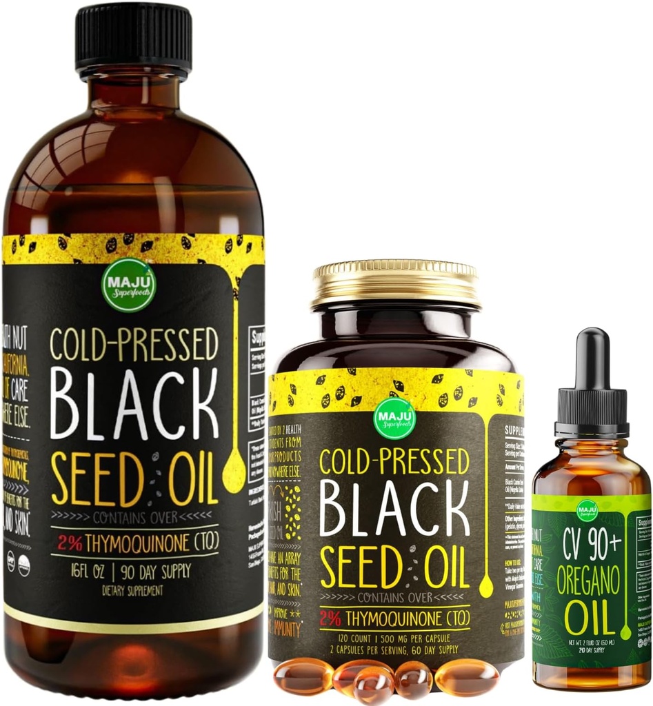 Maju Superfoods veľký čierny olej zo semien a Oregano Bundle