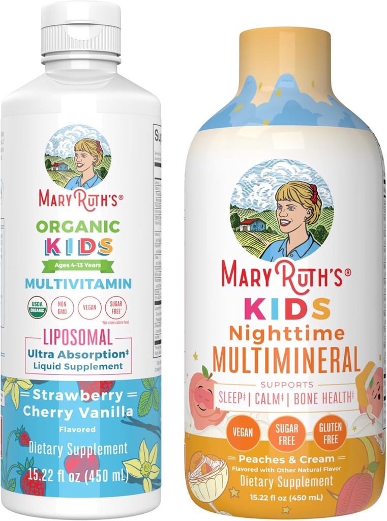 MaryRuth's Nighttime Multimineral (Peaches & Cream) a Multivitamín Lipozomal (Jahôd a Vanilla) pre deti 