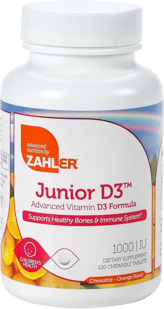 Zahler Junior D3 Chewable 1000IU, Kids Vitamin D, Great Ochutnávka Žuvacie vitamín D pre deti, Optimálny vitamín D3 1000 IU pre deti,Certifikovaný Kosher, 240 Žuvacie tablety
