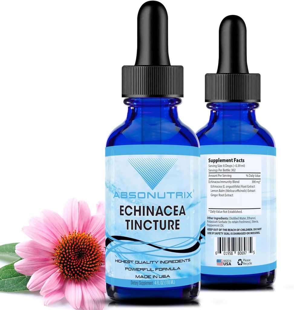 Absonutrix Echinacea Tincture Advanced Formula 390 mg, 4 Oz Liquid, 302 Servings, Made in USA, rýchla absorpcia, Quality Potent Ingredients, non-GMO, GMP Certified Facility, Cruelty-free Products