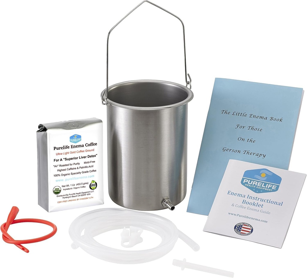 Purelife Detox Coffee Enema Kit - Made in USA - 2 Qt / Superior Non Toxic Made in USA Quality / 1 LB Purelife Ultra Light Gold Enema Coffee - Lab Testované bez mykotoxínov - Silikónové Tubing