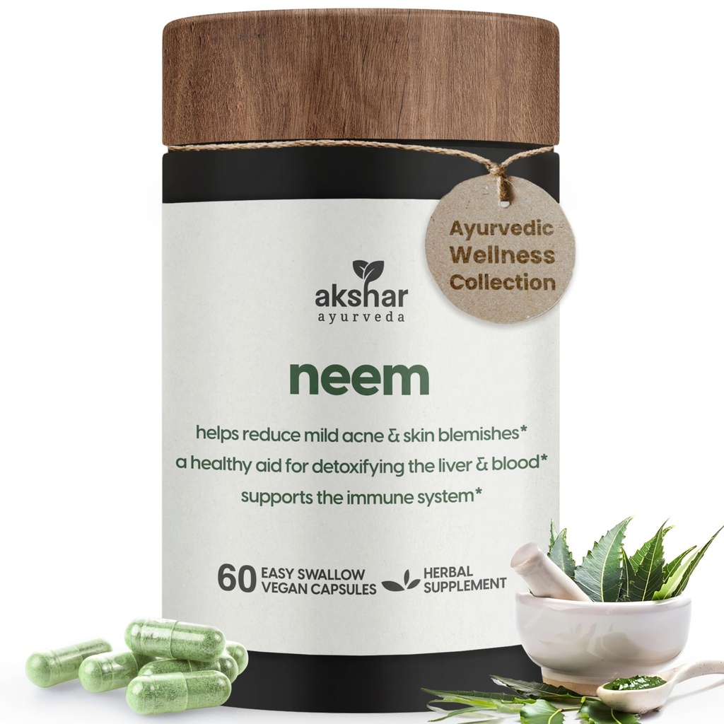AKSHAR Ayurveda - Neem Kapsule s Neem extrakt a Neem Leaf prášok - Bylinné Neem doplnok na podporu čistej kože zdravie a Detox - Vegan Cruelty-Free Neem Leaf Kapsule (60 Počet)
