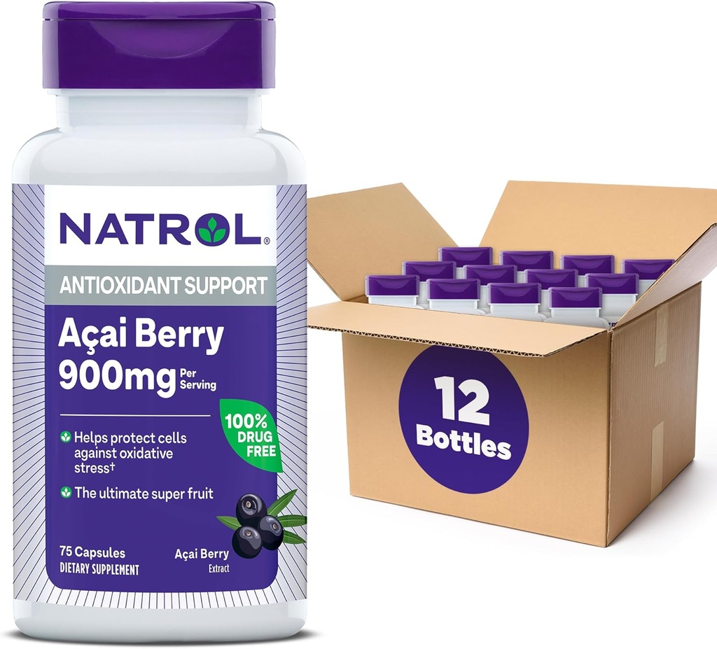 Natrol Acai Berry, Dietary Supplement, Antioxidant Protection & Defense, The Ultimate Super Fruit, 900 mg Veggie Capsules, 75 gróf (Pack of 12)