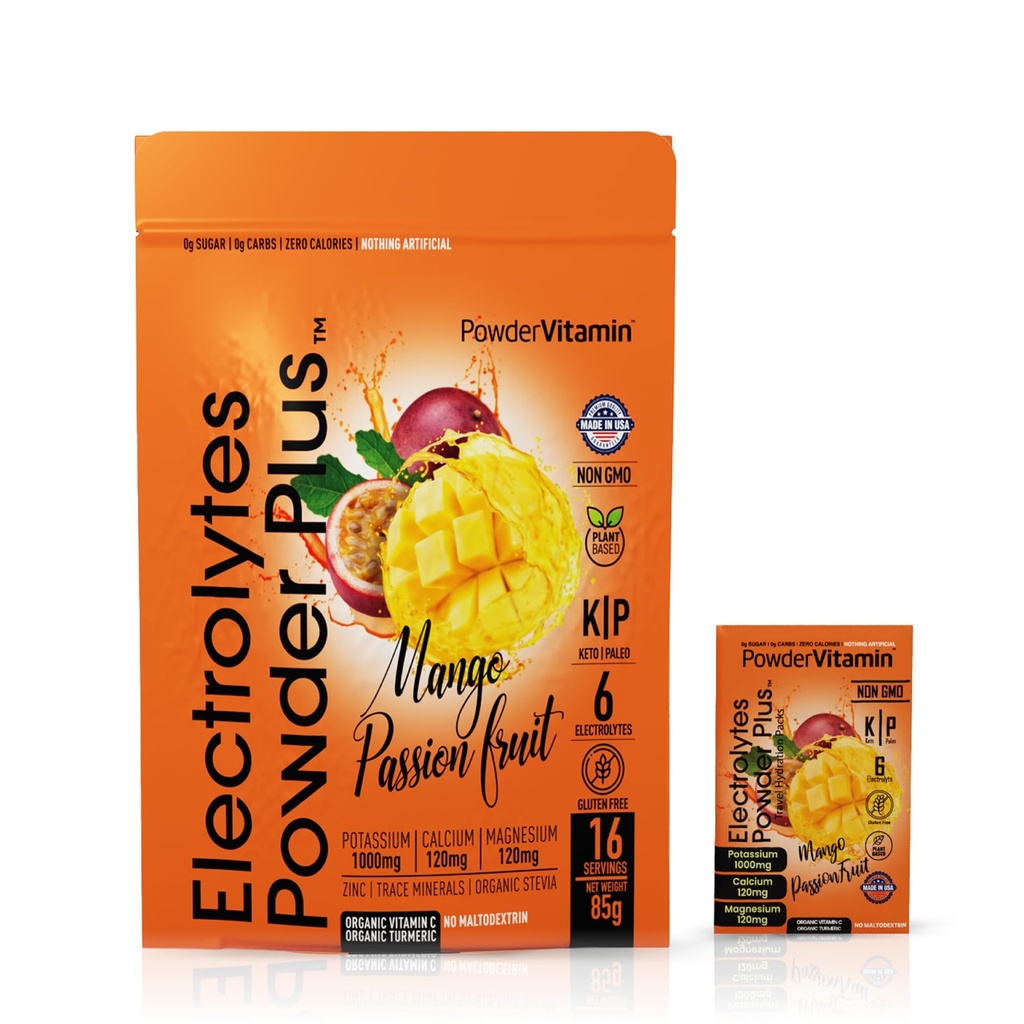 Prášokvitamín Electrolytes prášok Plus, Keto, Mango musionfruit, bez cukru, ružová himalájska soľ, 1000 mg draslíka, 120 mg vápnika, 120 mg horčíka, non-GMO, Zero kalórií, (16 hydratačných balíčkov)