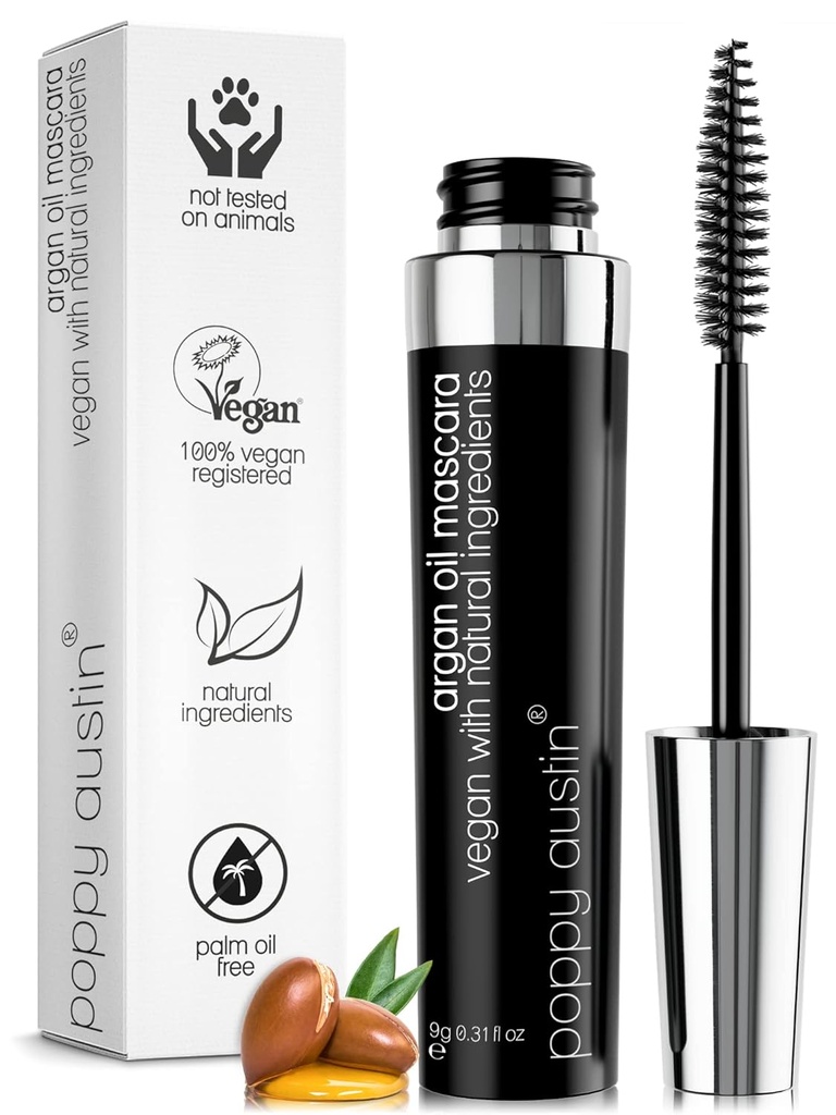 Poppy Austin Organic Maskara, Natural, Vegan, Paraben-Free, Cruelty-Free - Hypoallergenic Mascara Predĺženie a volumizing s arganovým olejom - 0.31 Fl Oz (čierna)