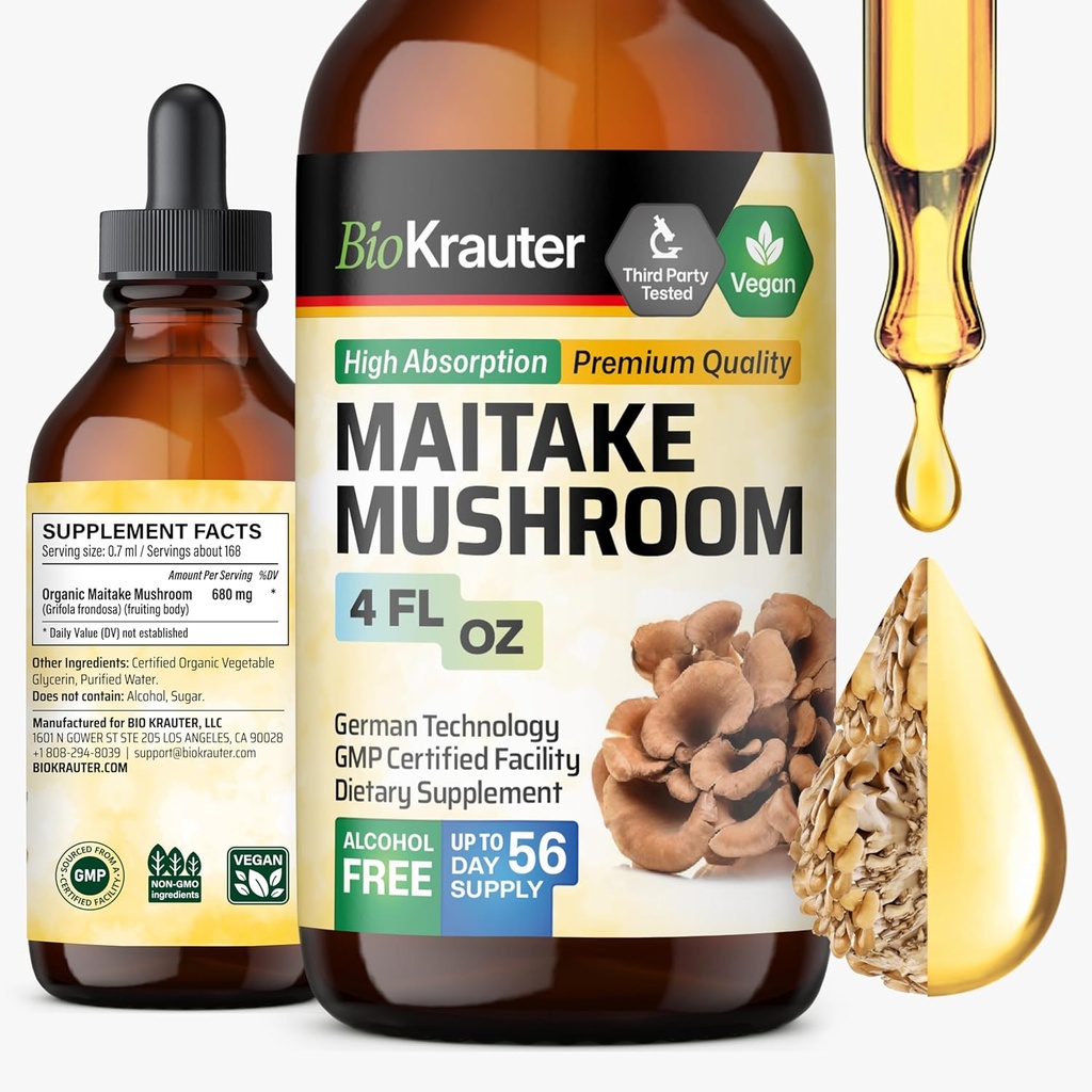 BIO KRAUTER Maitake Mushrom Extract - Maitake Liquid Supplement for Immune Support - 680 mg per Serving - Vegan, alkohol & Sugar Free Drops 4 Fl.Oz.