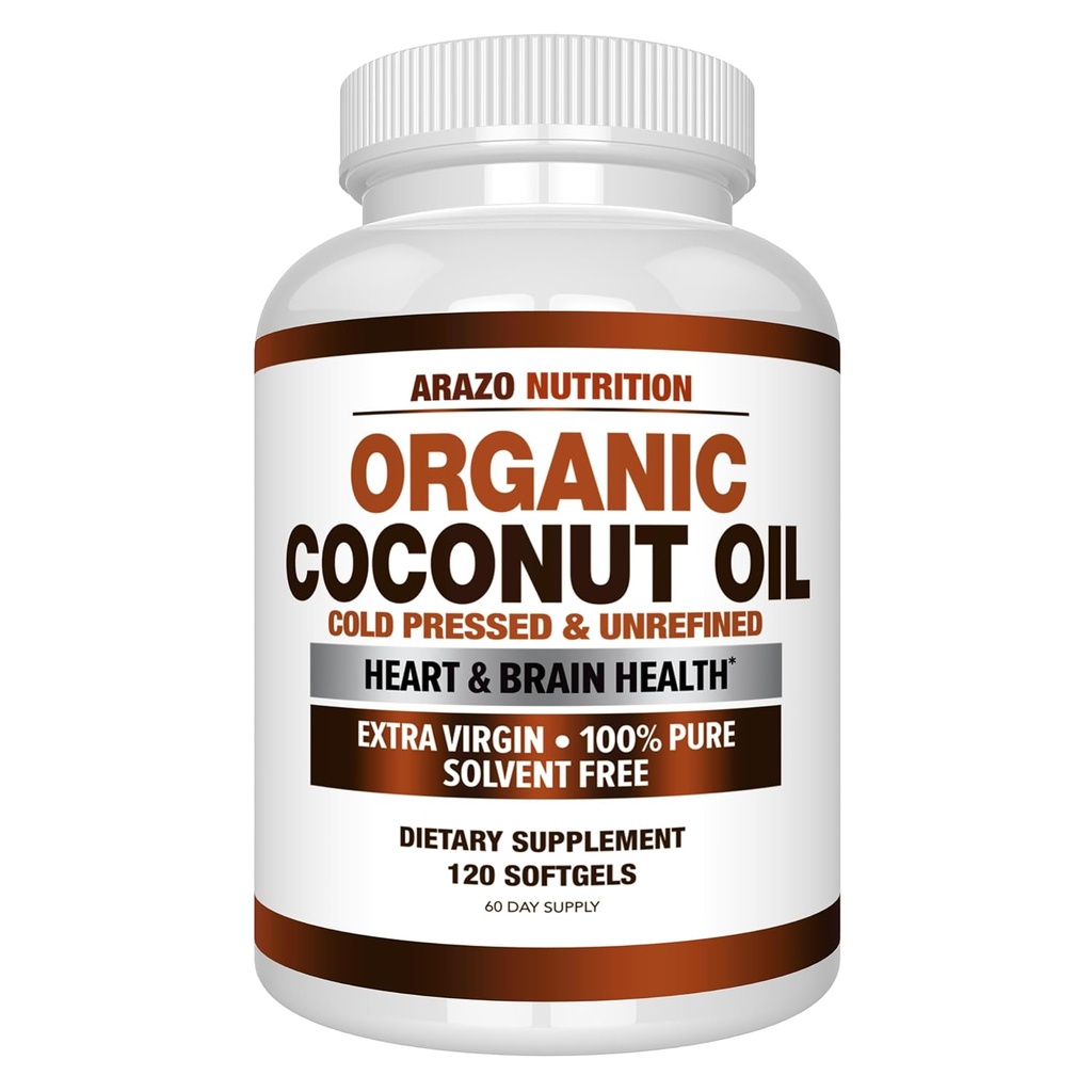 Arazo Nutrition Organic Coconut Oil 2000 MG - 100% Extra Virgin Nerafinovaný Cold Lised for Váha Podpora, koža, vlasy, nechty - 120 Softgel kapsuly