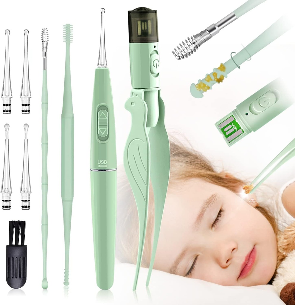 Ušné nástroje na odstraňovanie voskov,9 balenia Nástroj na čistenie ucha,Ear Pick s 2 LED svetlami,Built-in USB Ear Wax Remover pre deti a dospelých