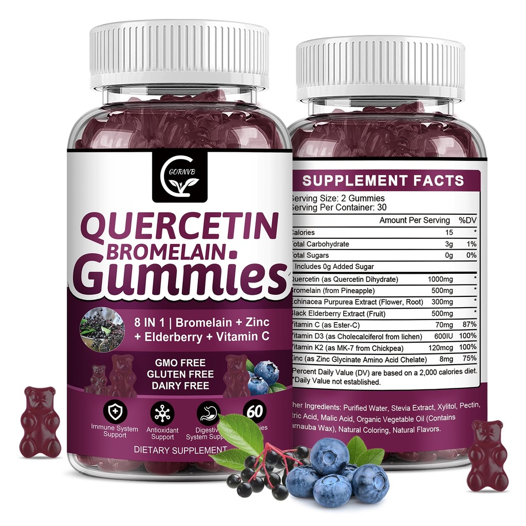 Quercetin Gummies s hypromelínom 2378 mg - zmes s bazami, Echinacea Purpurea Extract, Zinok, Vitamín C, D3, K2, Komplex podporuje Immune, Kardiovaskulárne a respiračné, Vegan Gummy pre dospelých a deti