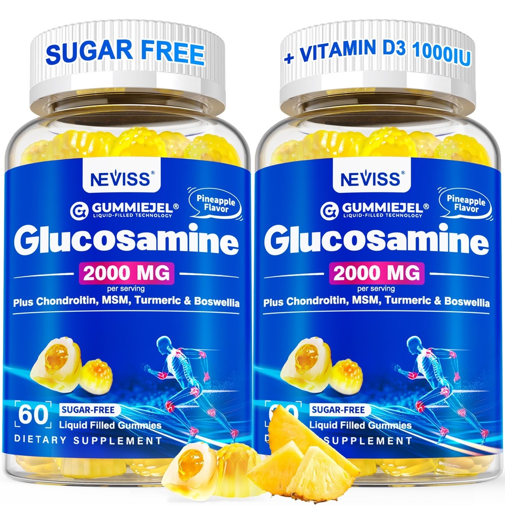 Glukózamín bez cukru Plnený Gummy - Glukozamín Supplement Plus Chondroitín, MSM, Turmérie, Boswellia, kyselina hyalurónová, vitamín D3 a zinok, 120 Gumies, 60 Servíry