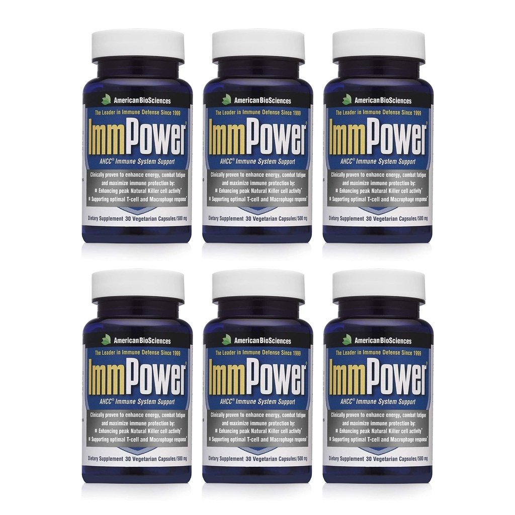 American BioSciences ImmPower AHCC Supplement 6-Pack, Enhanced Immune Support, Natural Killer Cell Activity and Cytokine Production, 30 Vegetariánske kapsuly, 500 miligramov na kapsulu