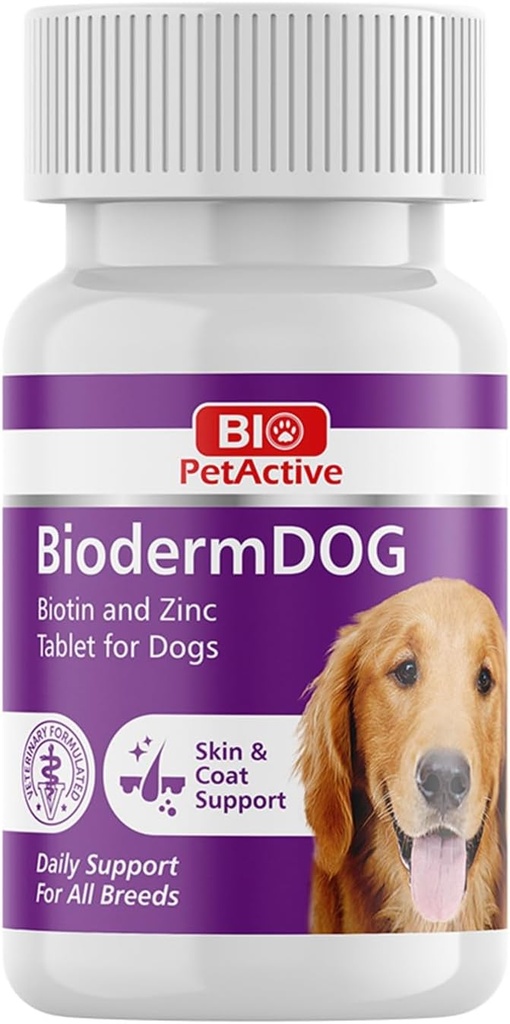 Bio Pet Active BiodermDOG 0,5 Zinok a biotín Tablety pre psy, imunitný systém, kožu, kožu a nechty Podpora pre psy, 1,32 oz, 75 Žuvacie tablety
