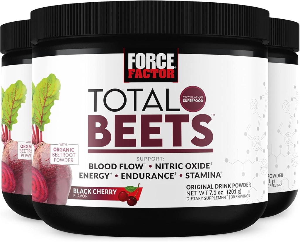 FORCE FACTOR Total Beets Superfood Beet Root prášok 3-Pack, Nitráty na podporu obehu, prietok krvi, oxid dusnatý, energia, vytrvalosť, vytrvalosť, Kardiovaskulárne zdravie doplnok, 90 Servisov