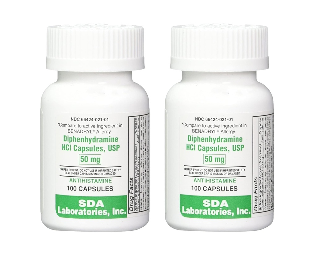 SDA LABORATORIES Diphenhydramine 50mg, Allergy Relief, Antihistamine Capsules, Fast-Acting Formula for Sneezing, Runny Nose & Itchy Eyes – 100 Count (2 Pack)