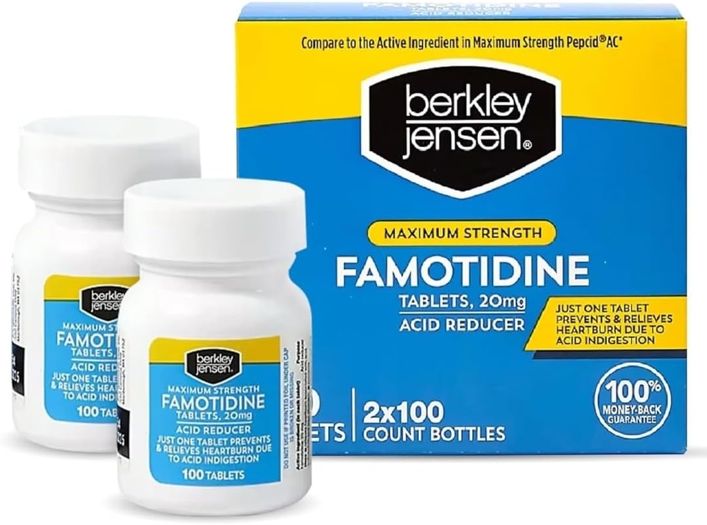 Berkley jensen Maximálna sila Famotidín 20 mg - (200 gróf), Tablety na zníženie kyseliny, zmierňuje príznaky pálenia záhy a trávenia vyvolané pálením záhy a kyselinou, prevencia a úľava proti páleniu záhy po celý deň